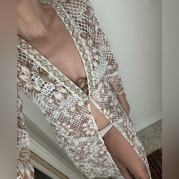 Boston Proper white tan neutral duster crochet beach swim coverup XS - Picture 1 of 8